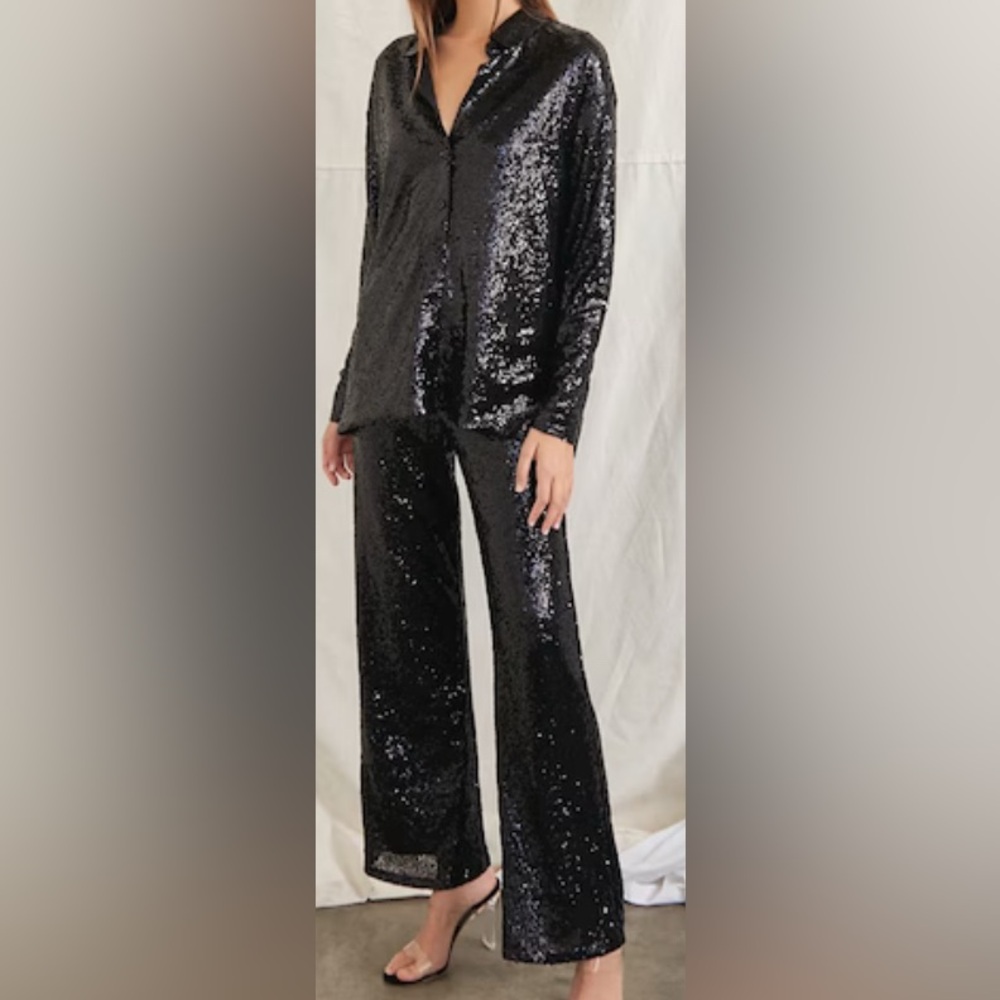 NWT Forever 21, Long Sleeve Black Sequin Top (Small) Pant (XXS) Set